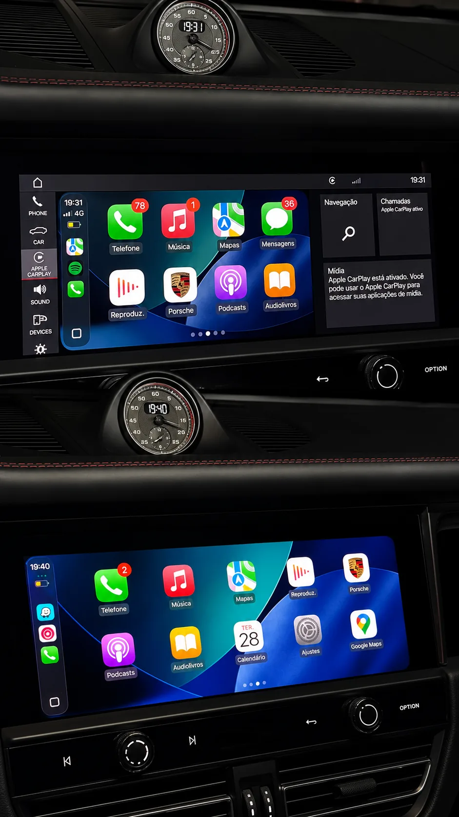 Comparação editorial do Apple CarPlay em uma central Porsche