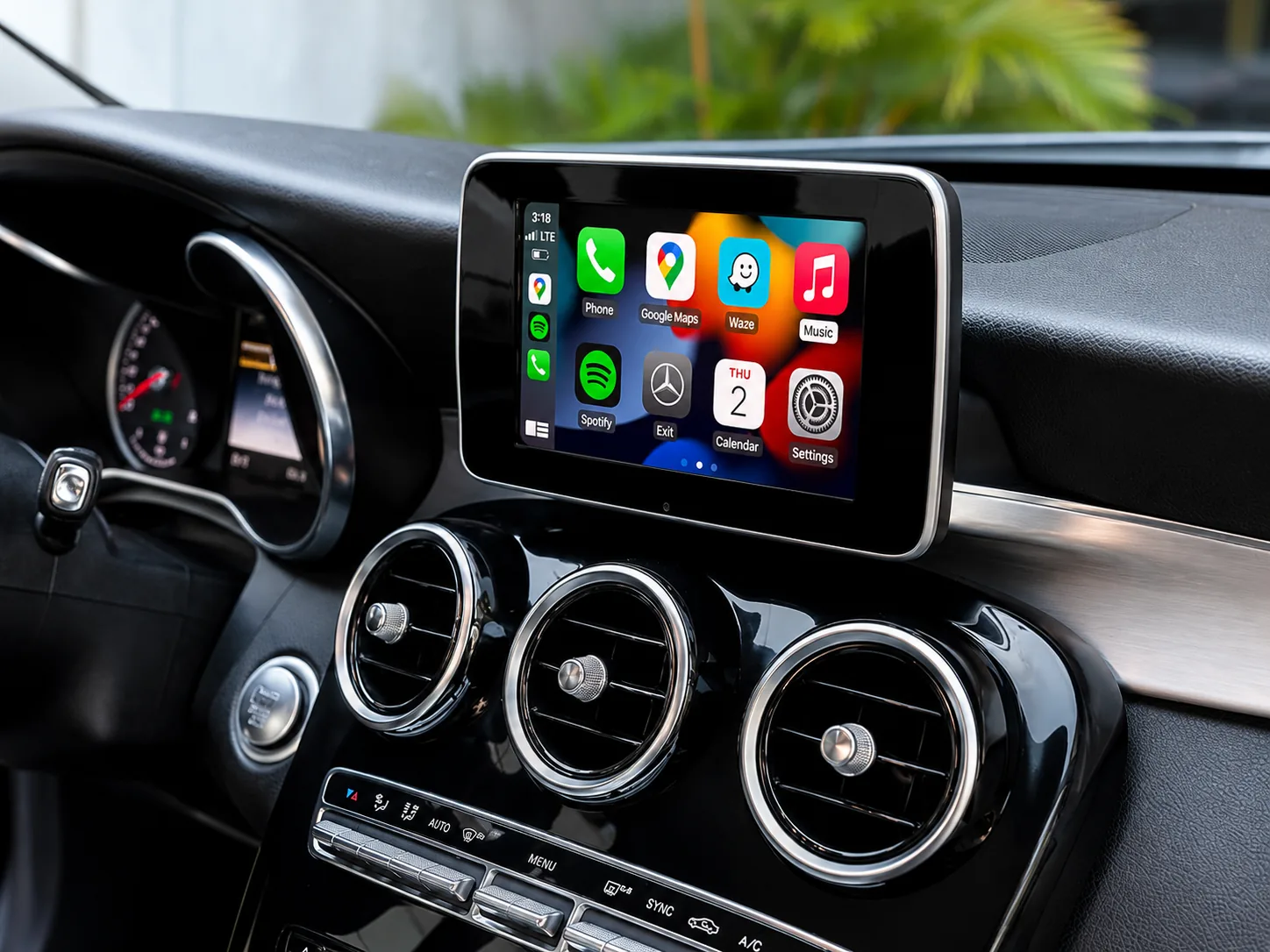 Central multimídia de Mercedes-Benz exibindo Apple CarPlay, imagem editorial