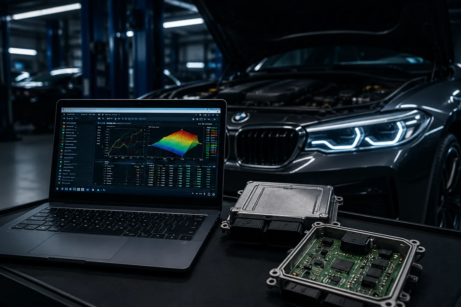 Bancada editorial com computador e módulos eletrônicos ao lado de um BMW