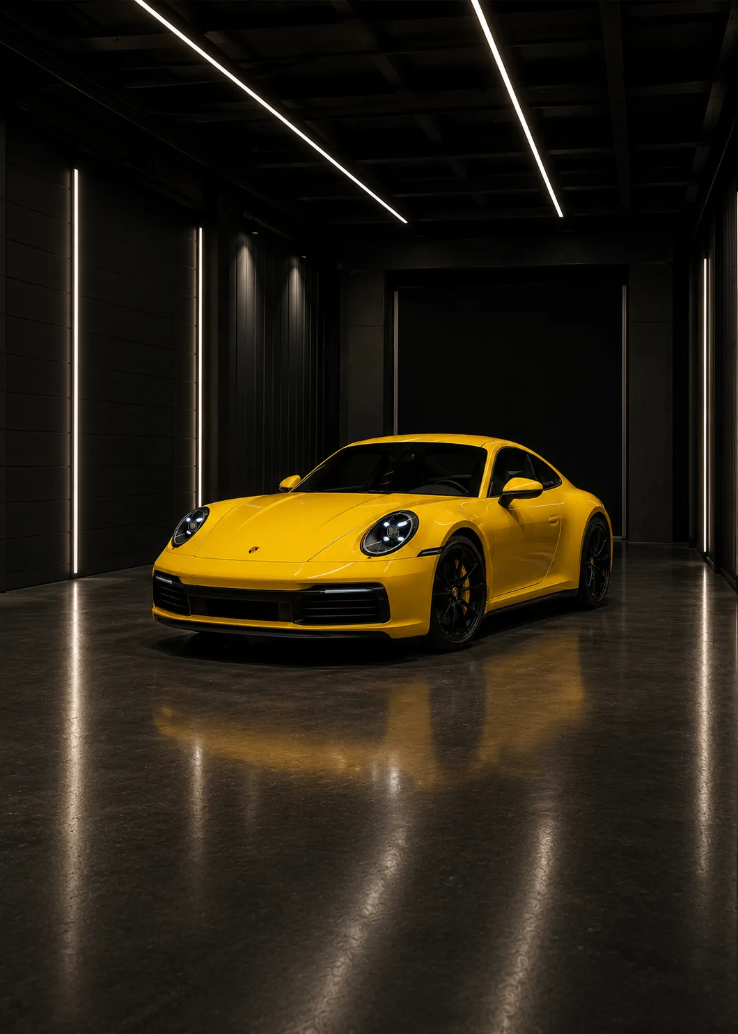 Porsche amarelo em showroom escuro, imagem editorial da nova apresentação da Urban Soluções Automotivas
