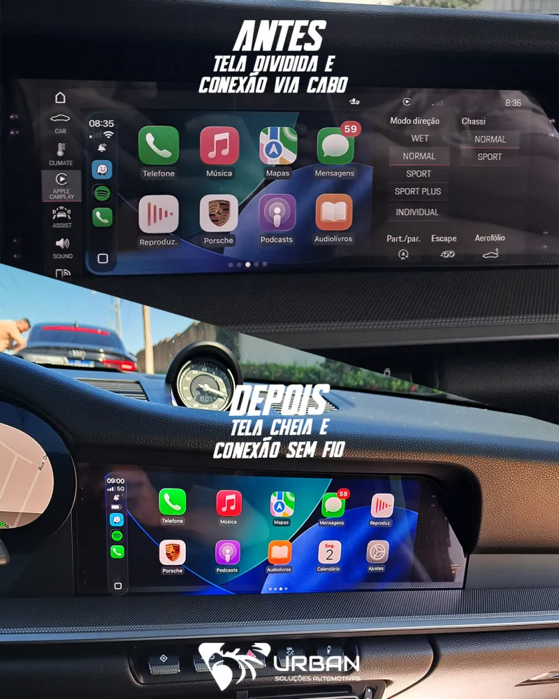 Central Porsche antes e depois da atualização do Apple CarPlay para tela cheia