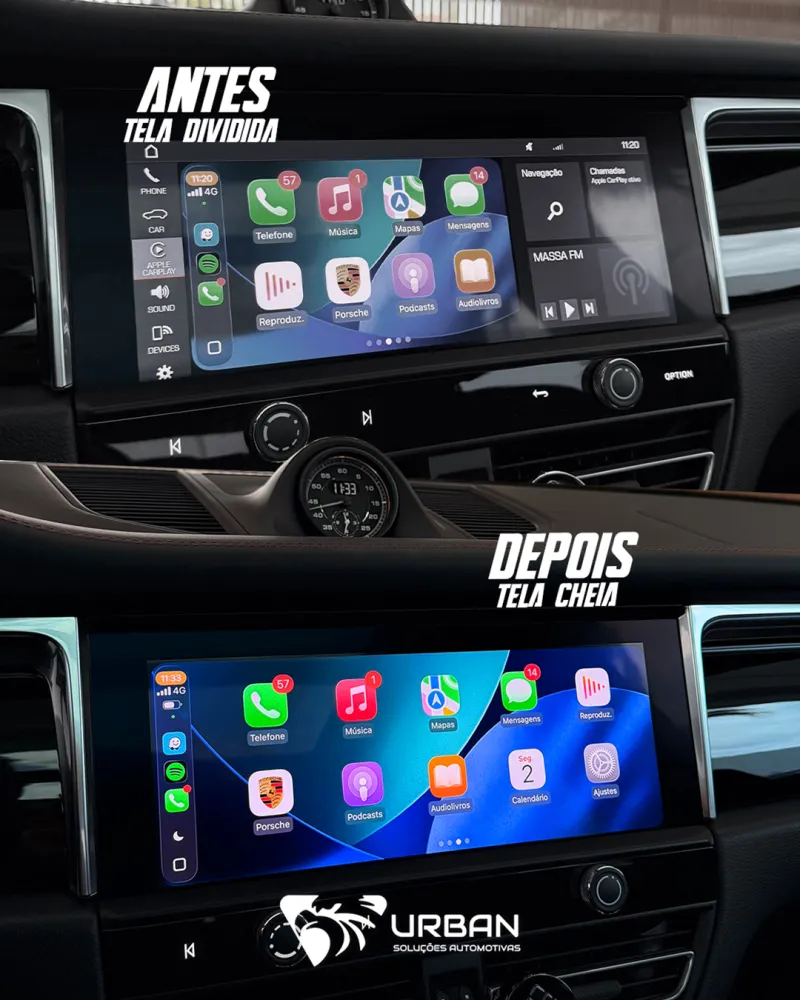 Central de Porsche Macan antes e depois do Apple CarPlay em tela cheia
